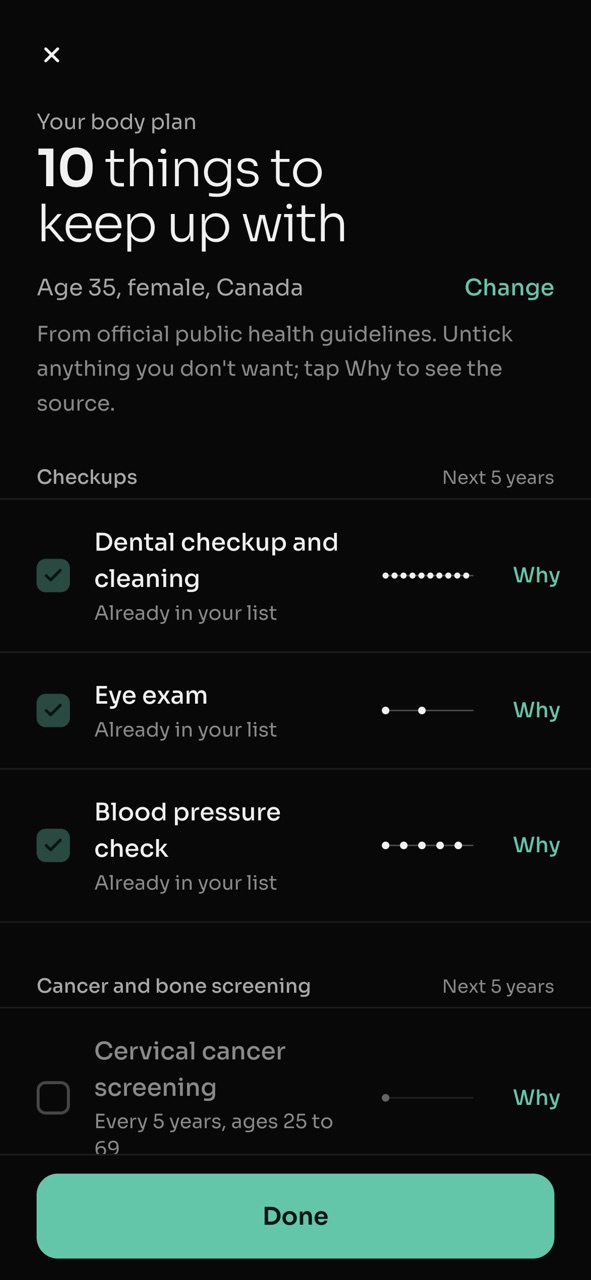 SomaVita's body plan screen: 10 things to keep up with, based on health guidelines for someone 35 in Canada, grouped into checkups, cancer and bone screening, and vaccines.