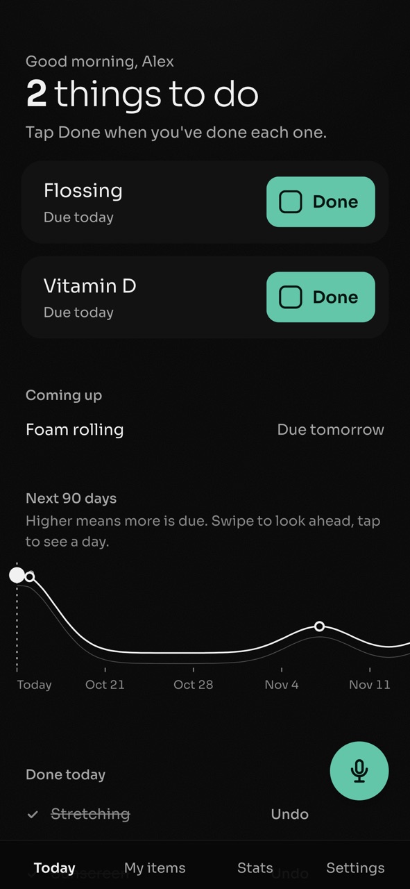 SomaVita's Today screen: 2 things to do, flossing and vitamin D, each with a green Done button, then what's coming up and the next 90 days as a wave.
